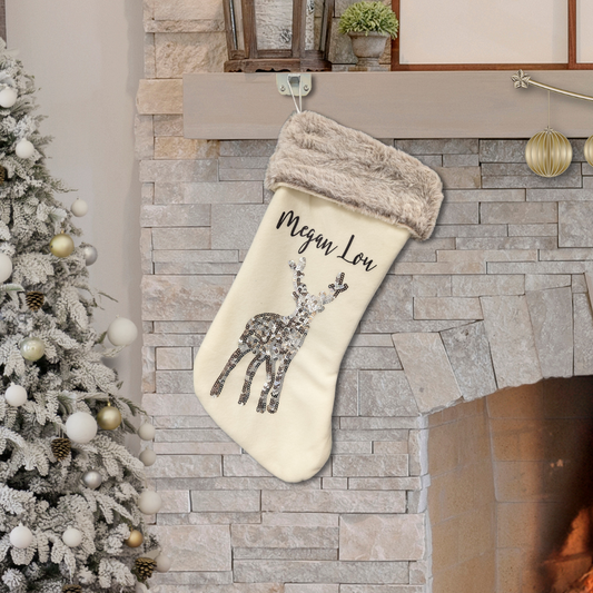 Personalised Reindeer Sequin Christmas Stocking - Grey & Ivory