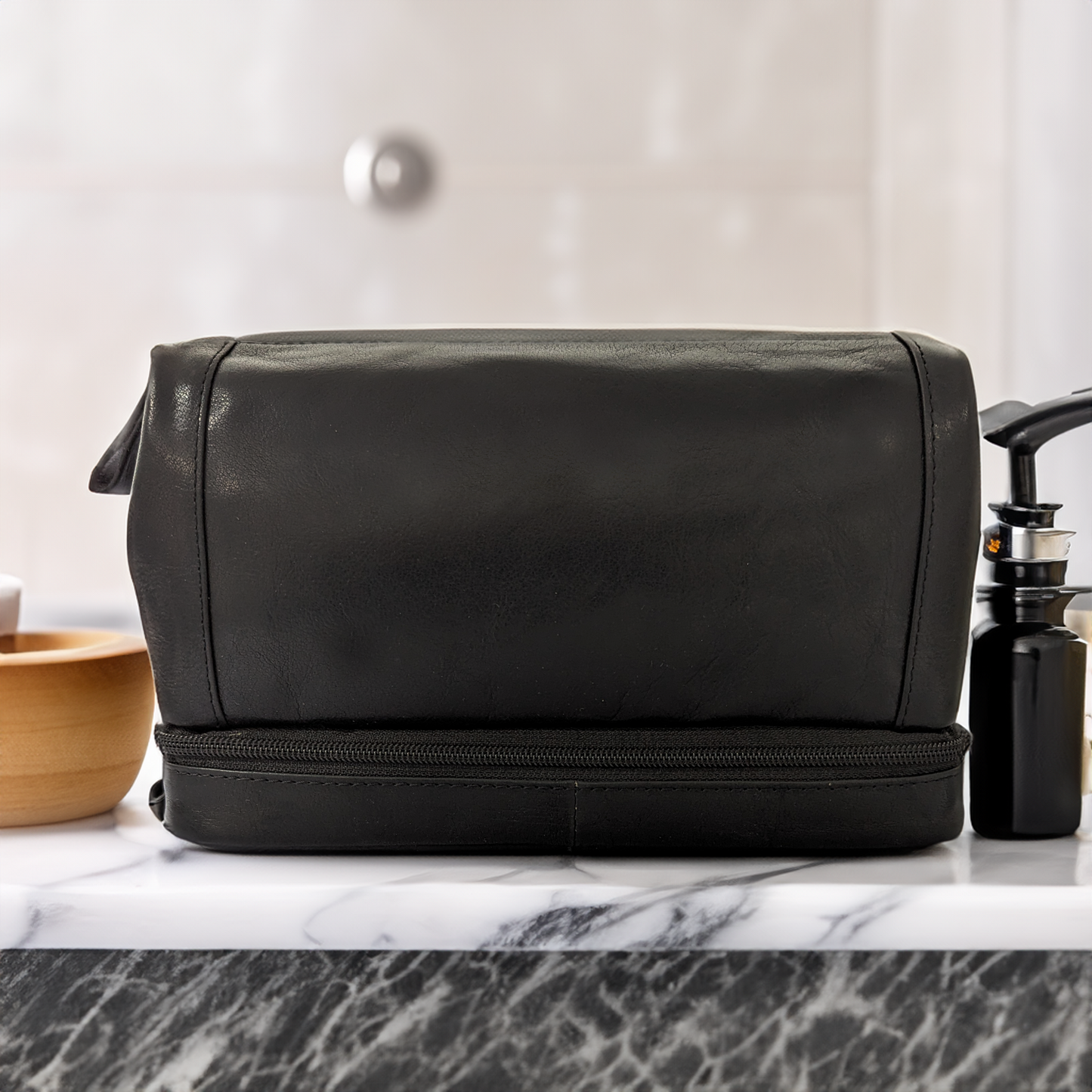 Black Leather Personalised Washbag - with Wide Opening & Bottom Compartment - UNPERSONALISED