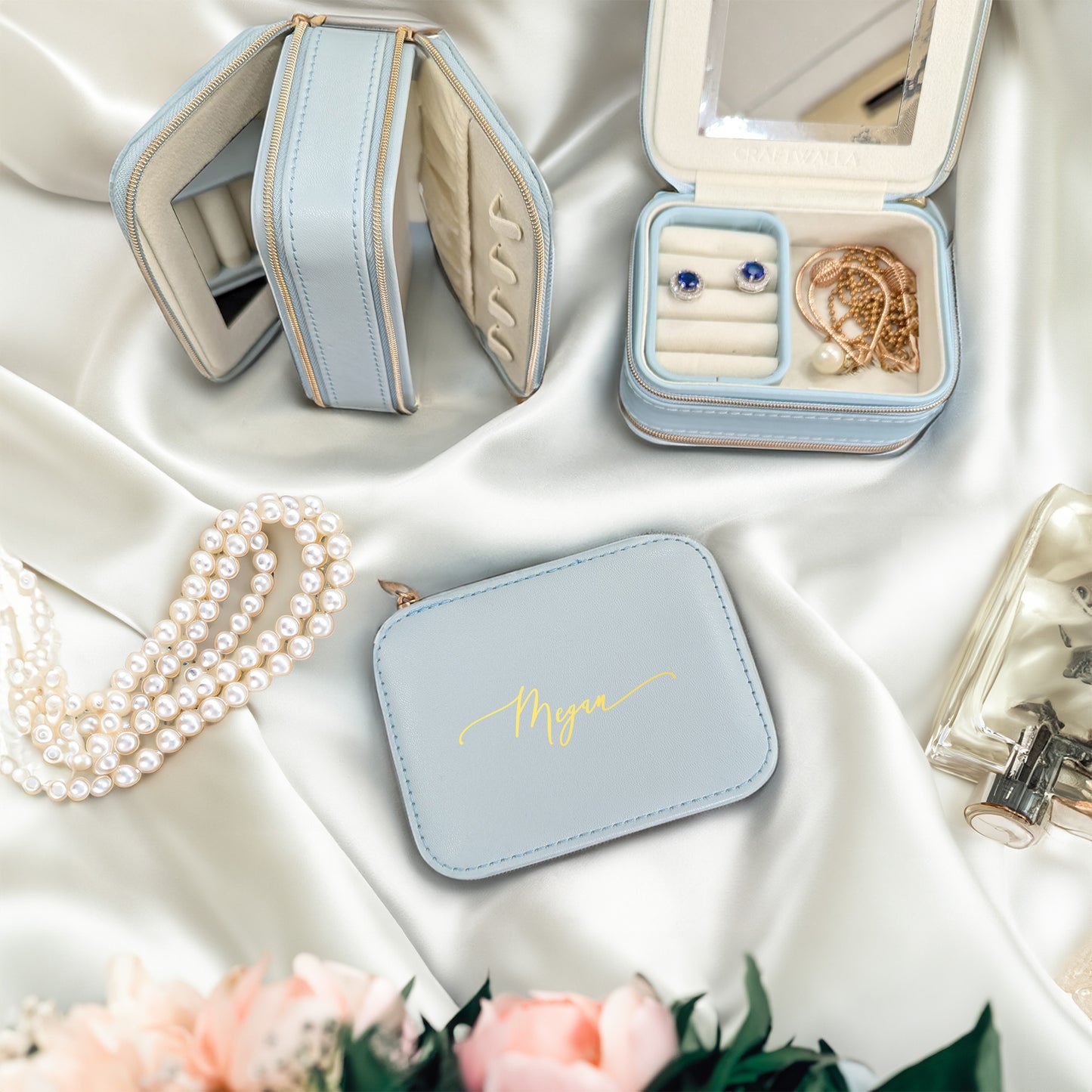 Pearl Blue Travel Jewellery Box - Personalised