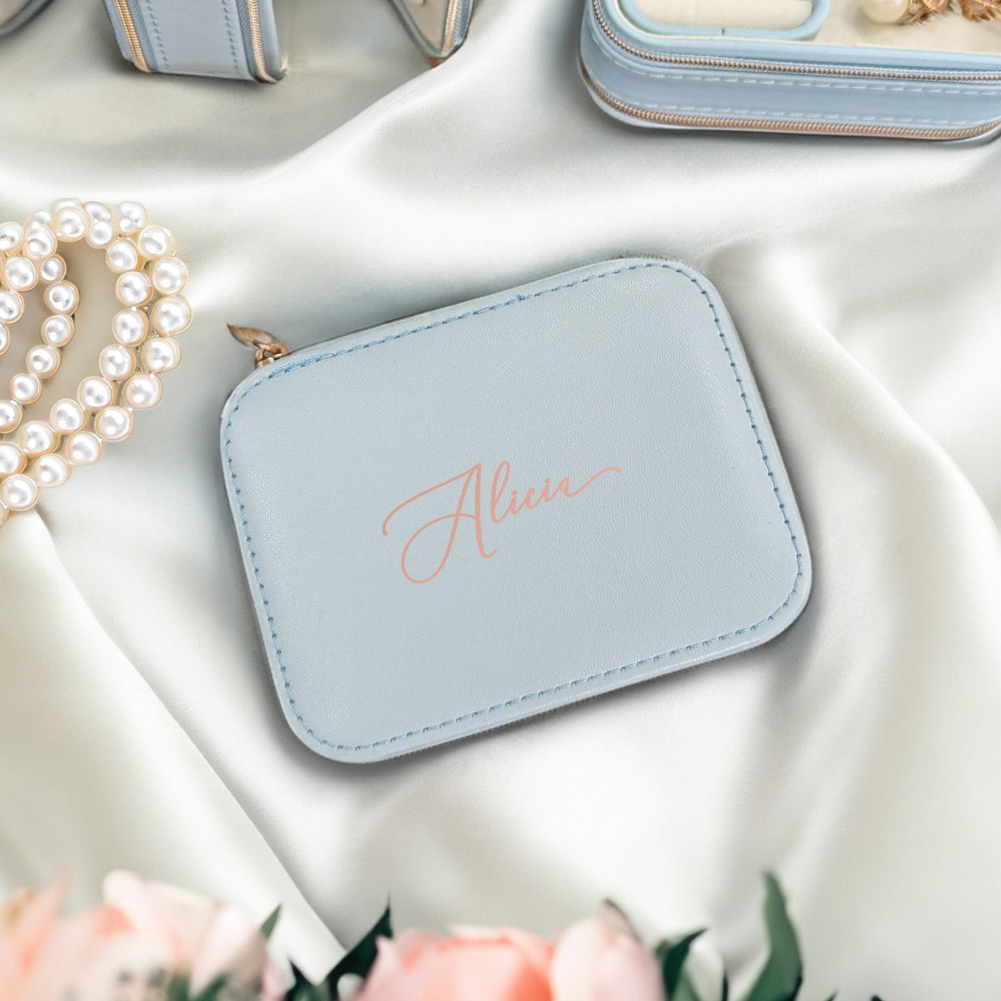 Pearl Blue Travel Jewellery Box - Personalised