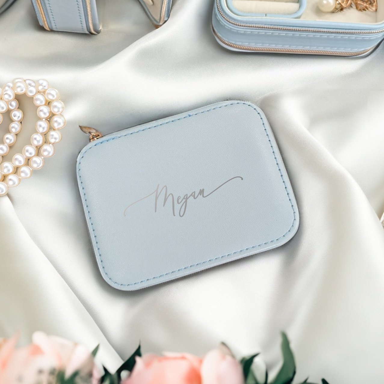 Pearl Blue Travel Jewellery Box - Personalised
