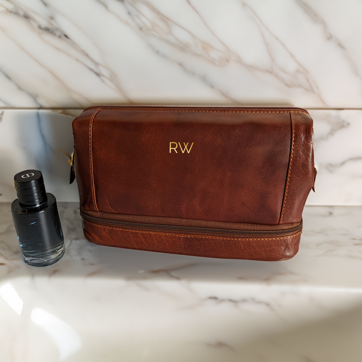 Brown Leather Personalised Washbag - with Wide Opening & Bottom Compartment