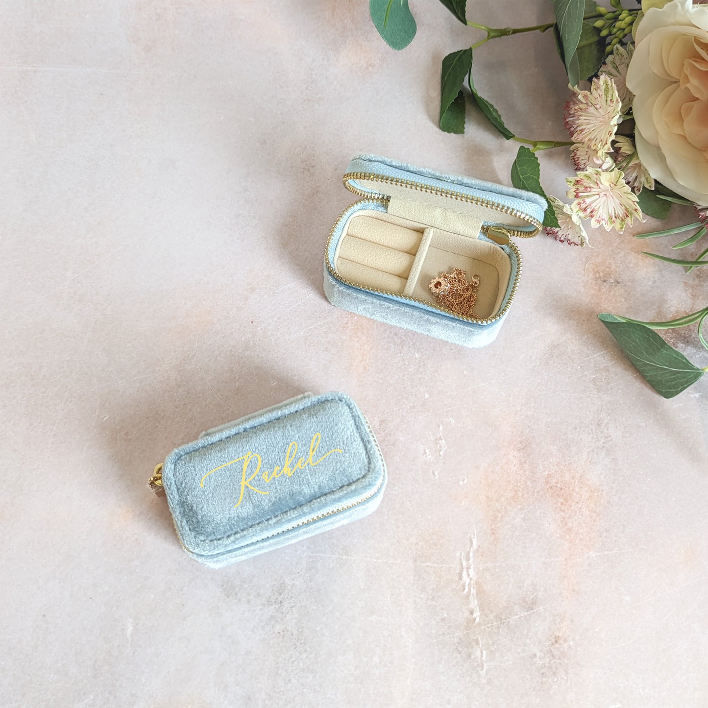 Mini Light Blue Velour Travel Jewellery Box - Personalised