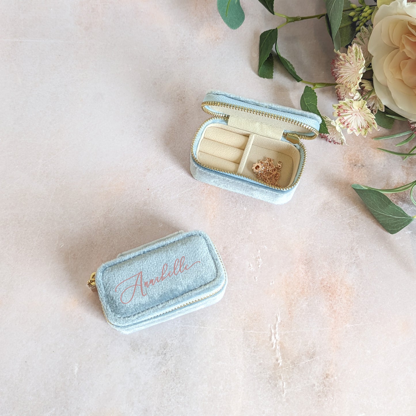 Mini Light Blue Velour Travel Jewellery Box - Personalised