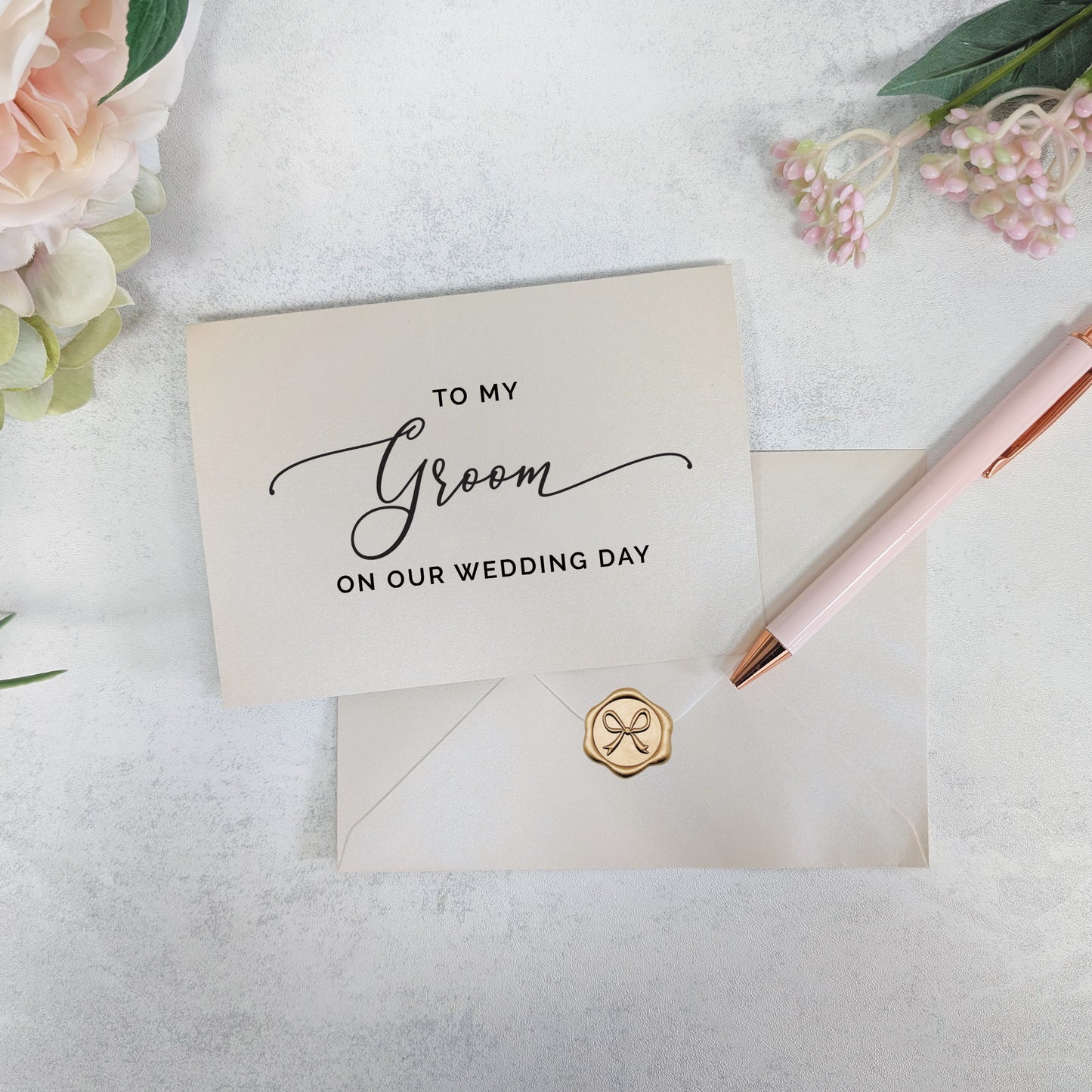 To My Groom on Our Wedding Day – A6 Pearlescent Card with Envelope & Wax Seal