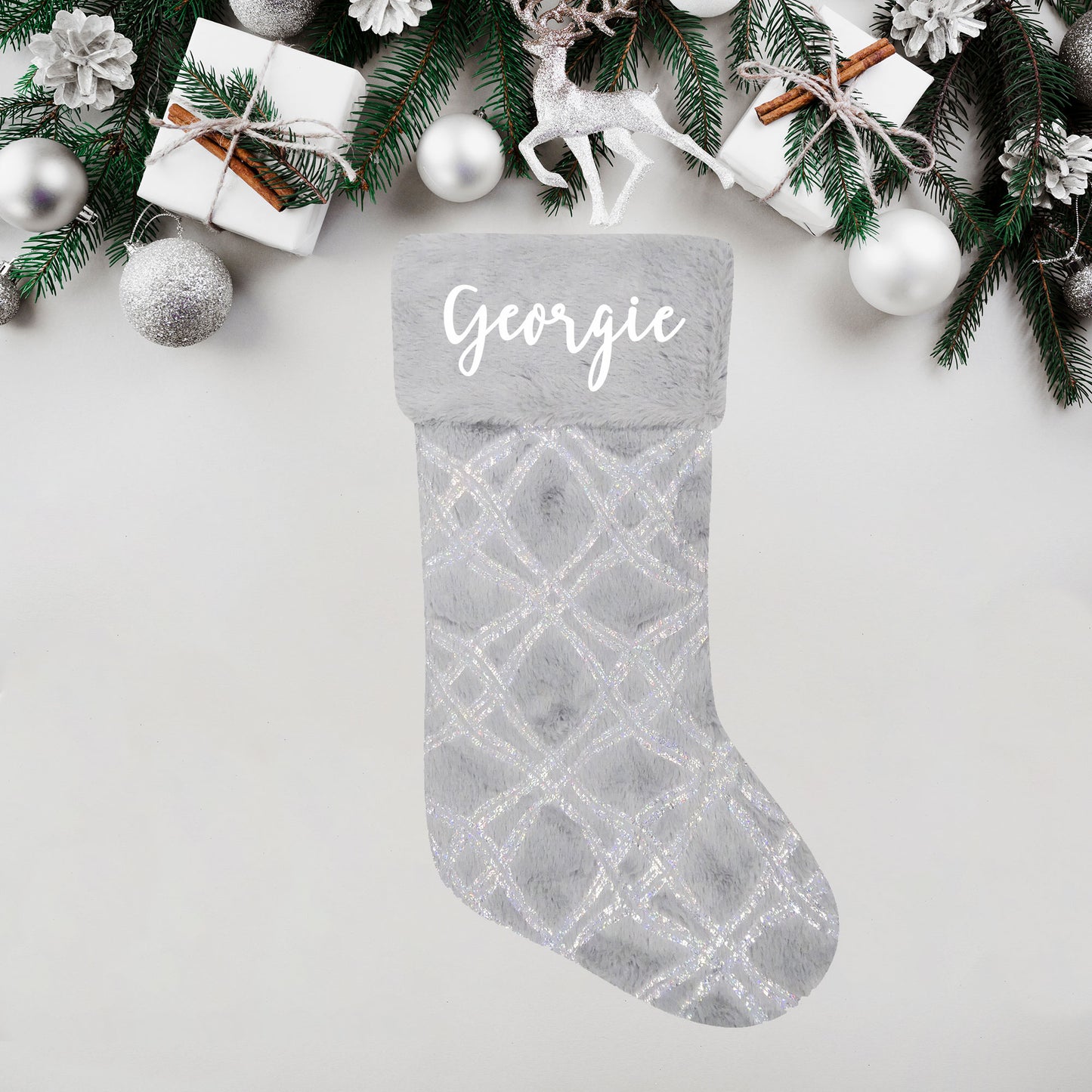 Personalised Grey Iridescent Patterned Christmas Stocking