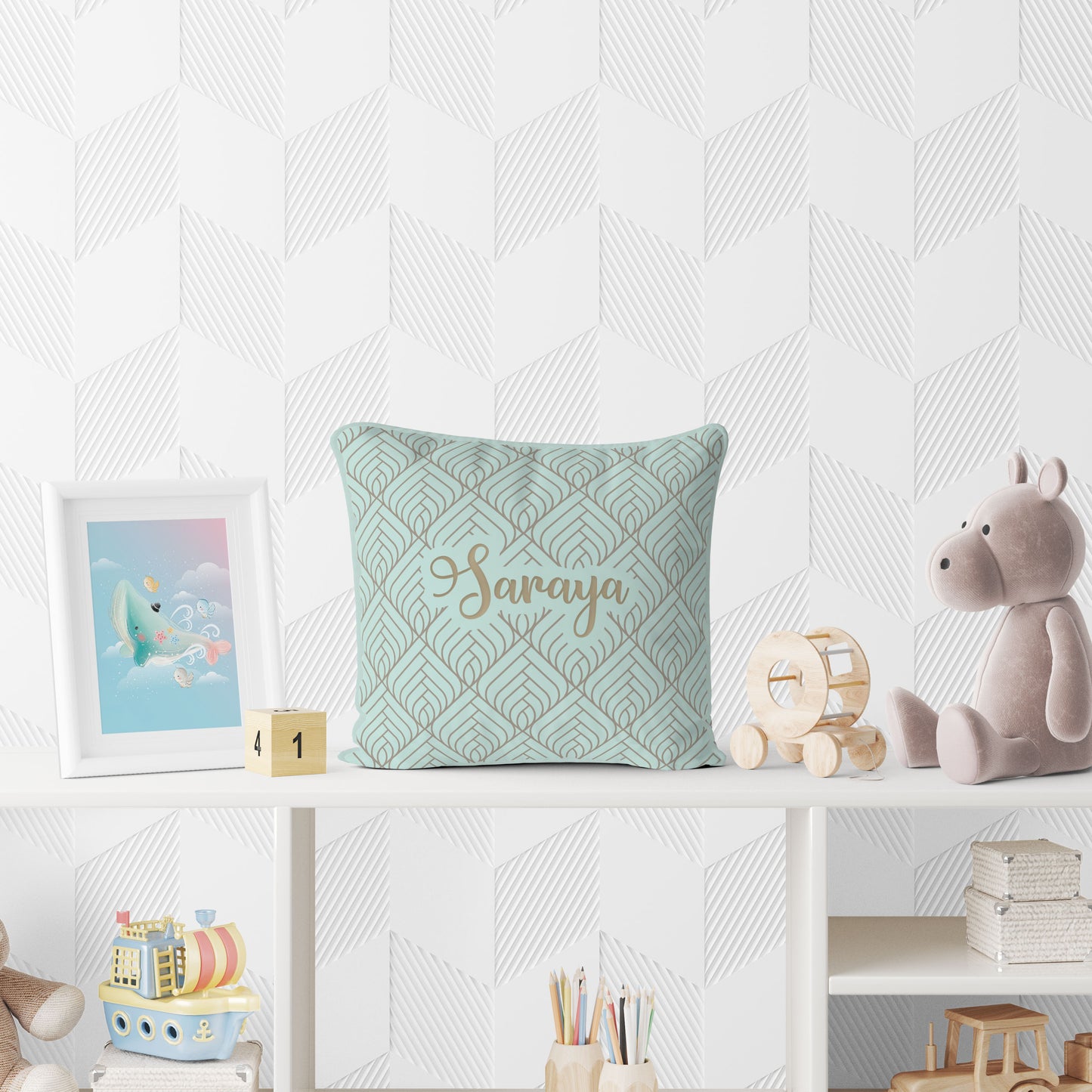 Personalised Mint Art Deco Kids Cushion