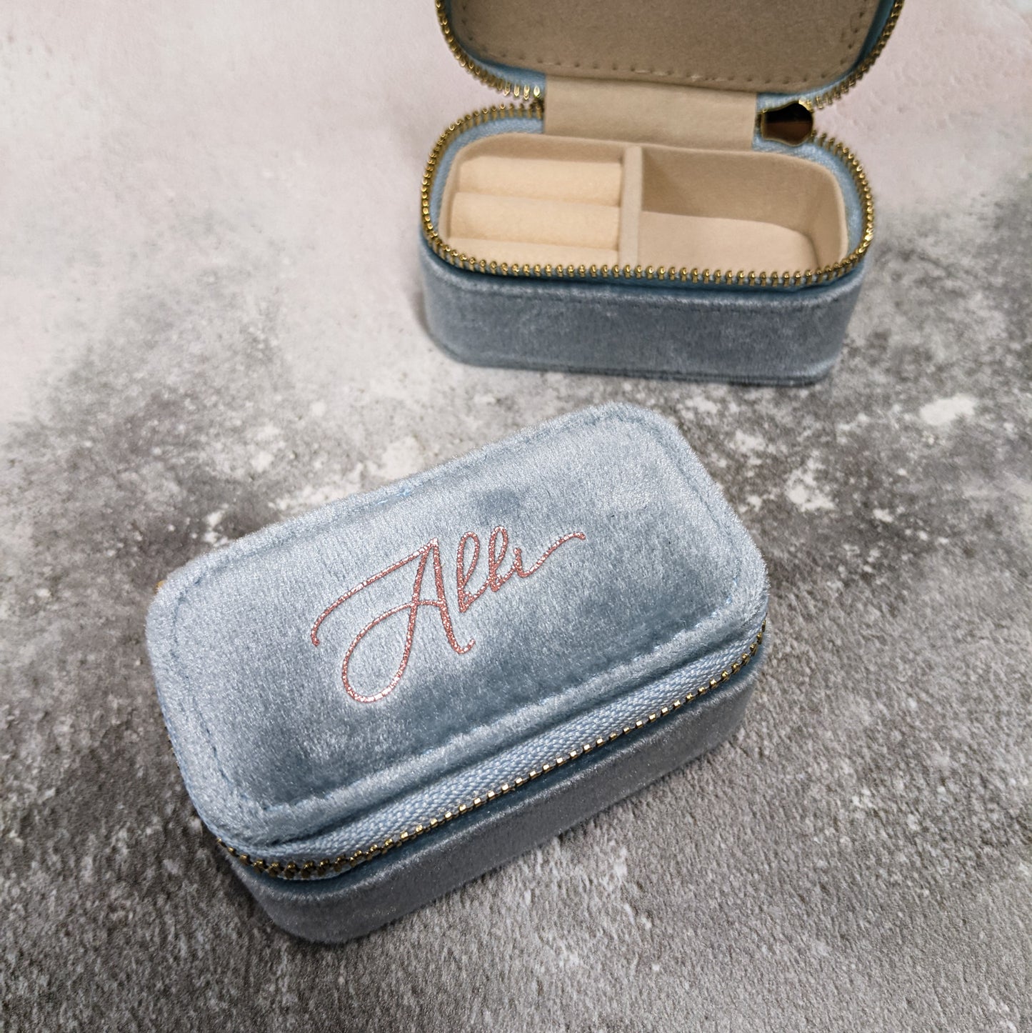 Mini Light Blue Velour Travel Jewellery Box - Personalised