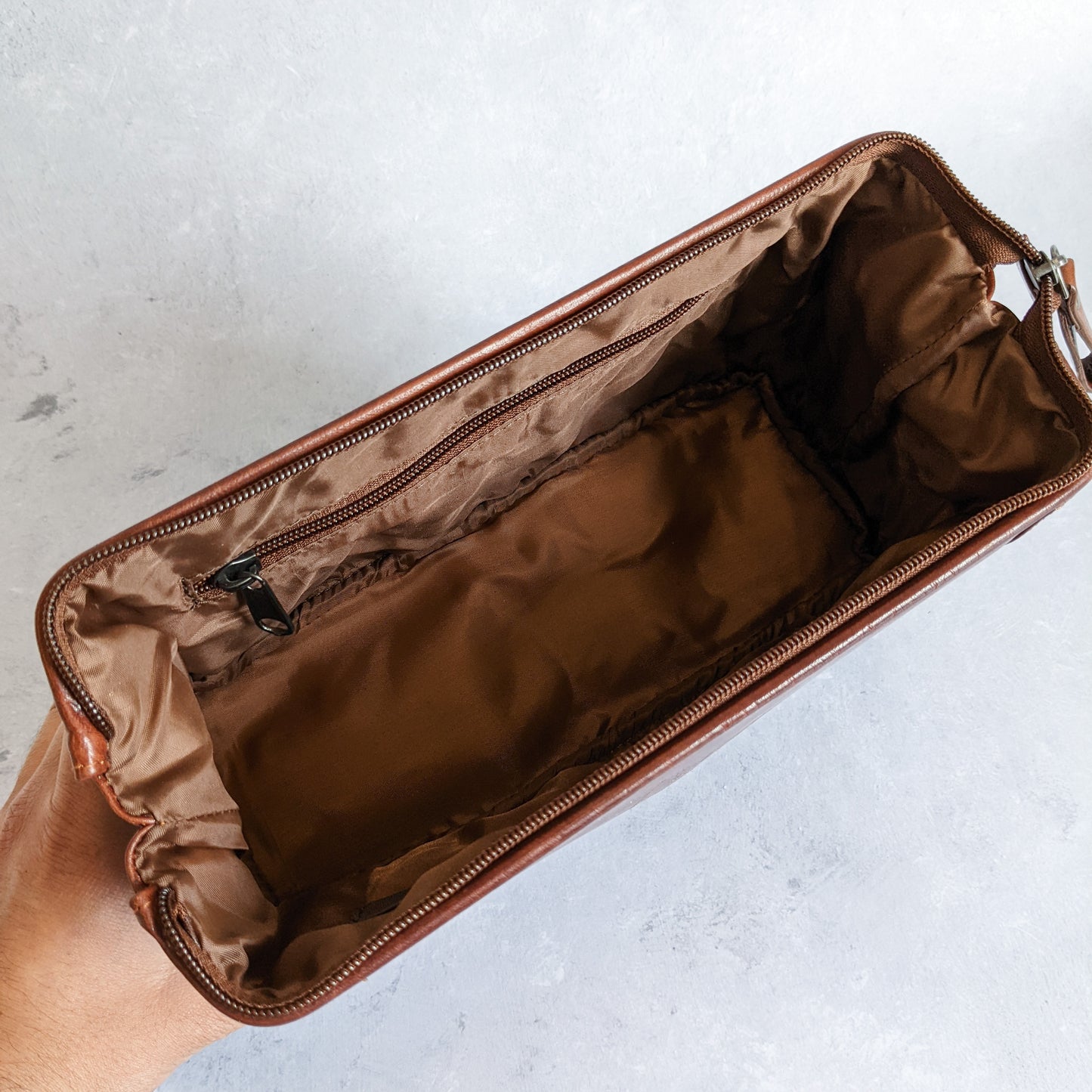 Brown Leather Personalised Washbag - with Wide Opening & Bottom Compartment