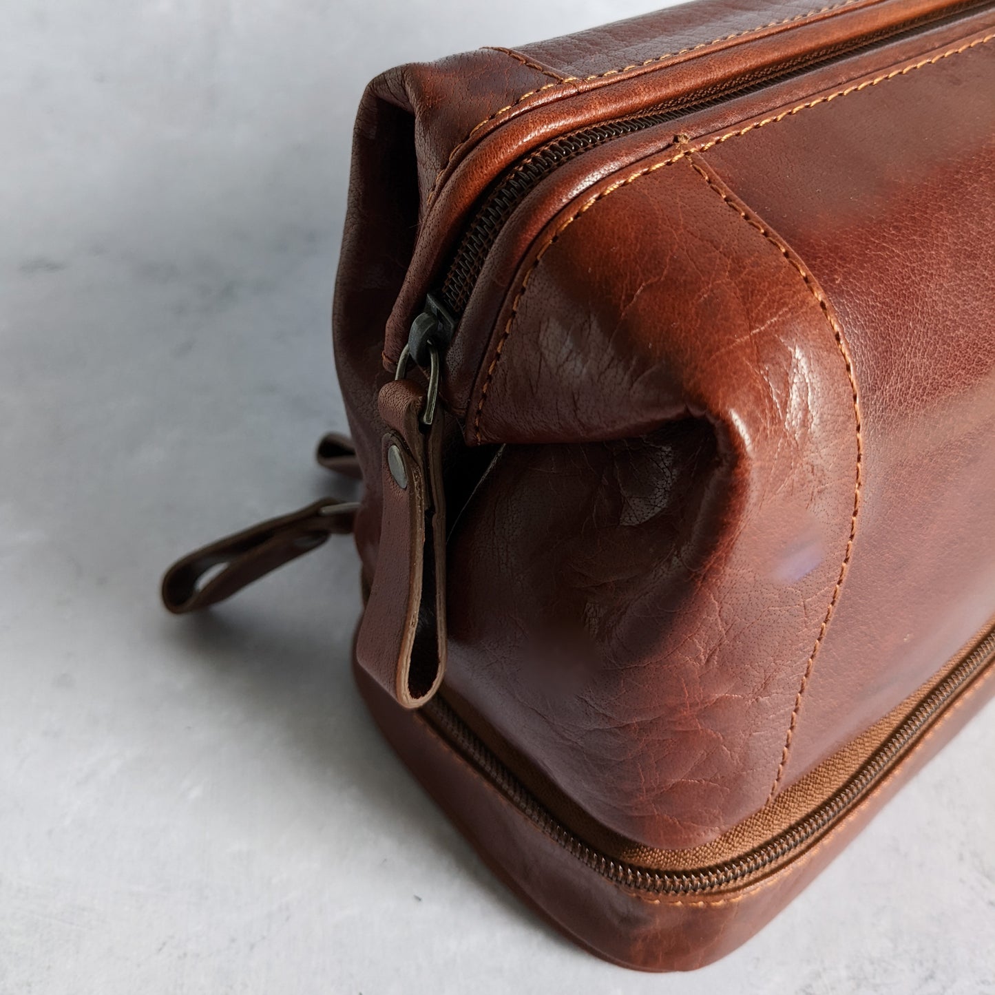 Brown Leather Personalised Washbag - with Wide Opening & Bottom Compartment