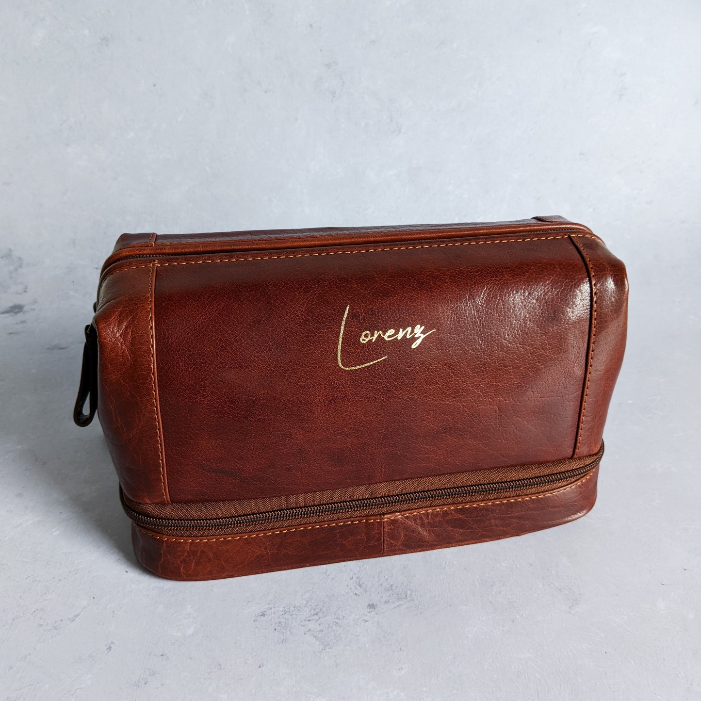 Brown Leather Personalised Washbag - with Wide Opening & Bottom Compartment