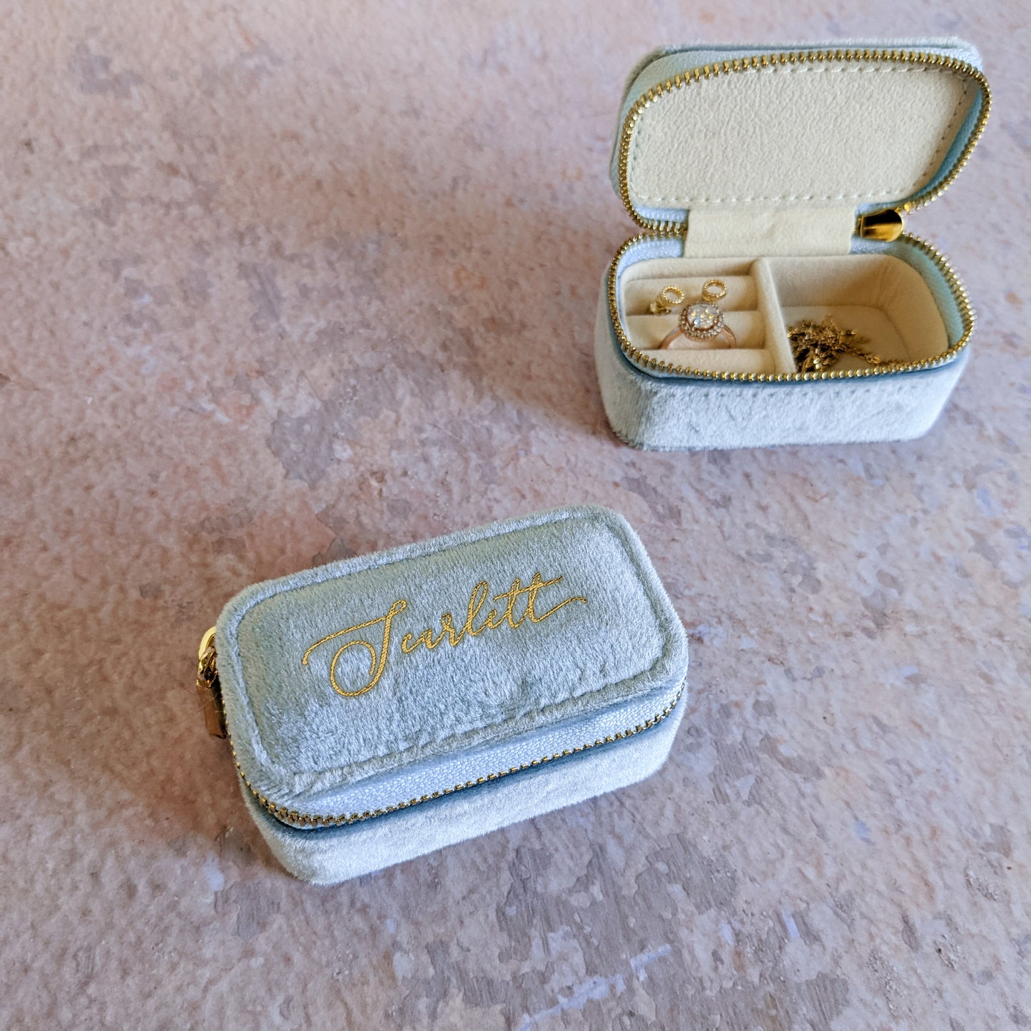 Mini Light Blue Velour Travel Jewellery Box - Personalised