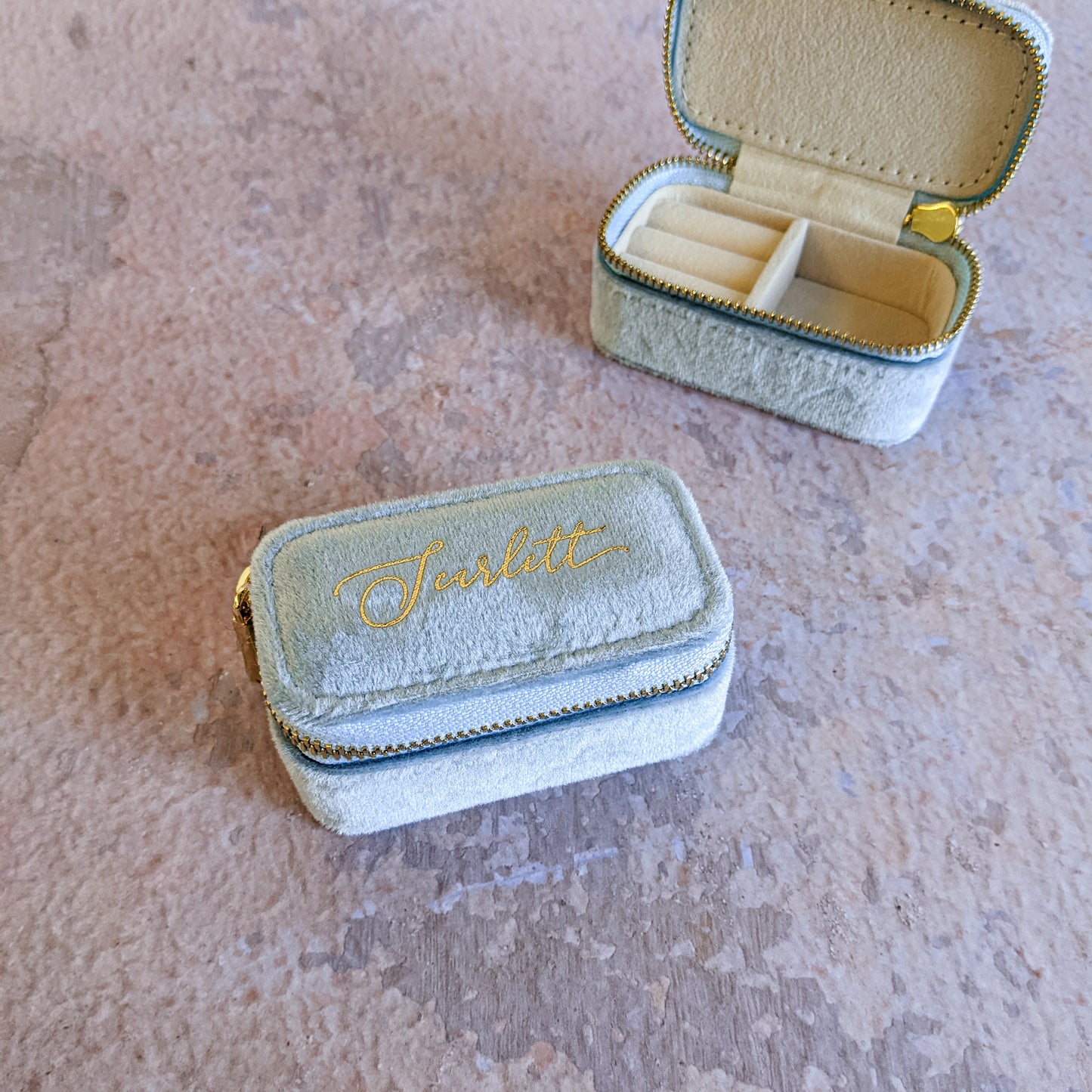 Mini Light Blue Velour Travel Jewellery Box - Personalised