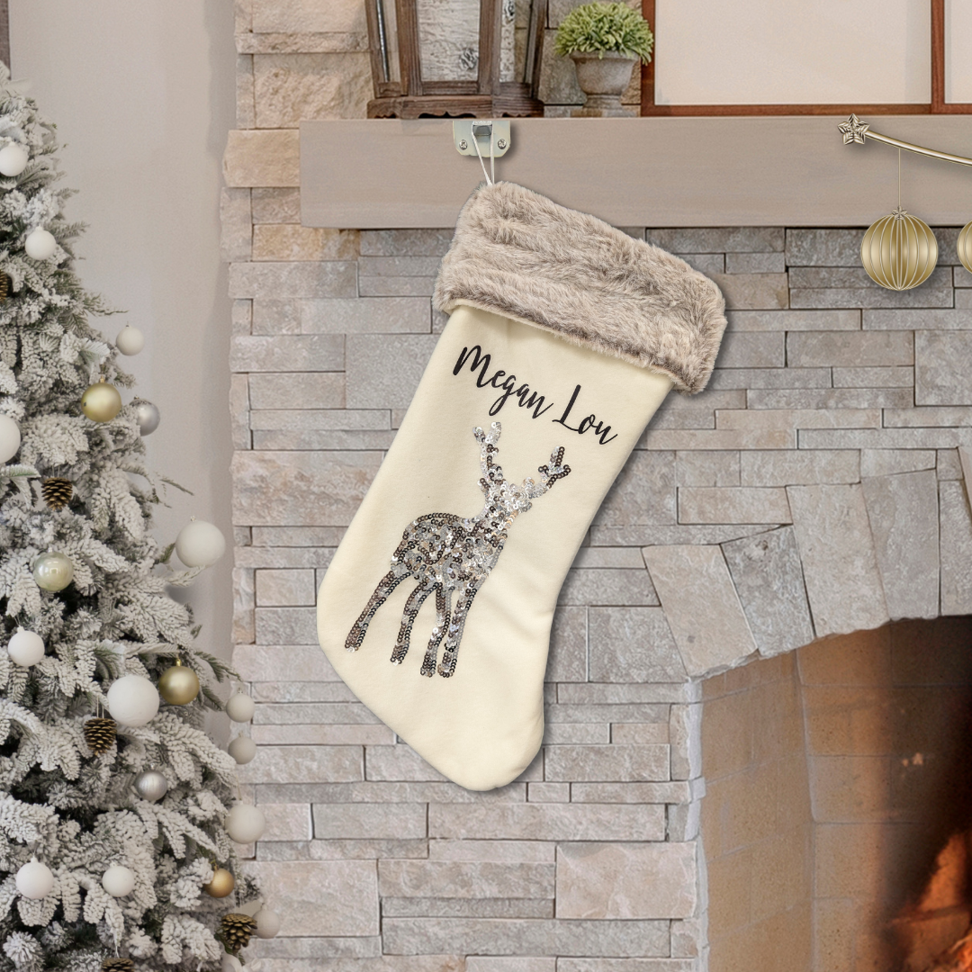 Personalised Reindeer Sequin Christmas Stocking - Grey & Ivory