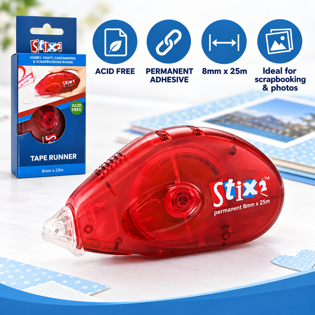 Stix2 Double Sided Tape Runner – Acid-Free Scrapbooking Adhesive | 8mm x 25m