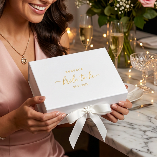 Woman opening a 'Bride to be' box at a decorated table with flowers and glasses.