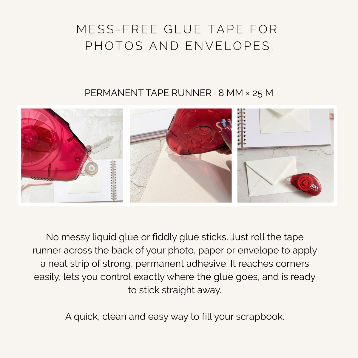 Stix2 Double Sided Tape Runner – Acid-Free Scrapbooking Adhesive | 8mm x 25m