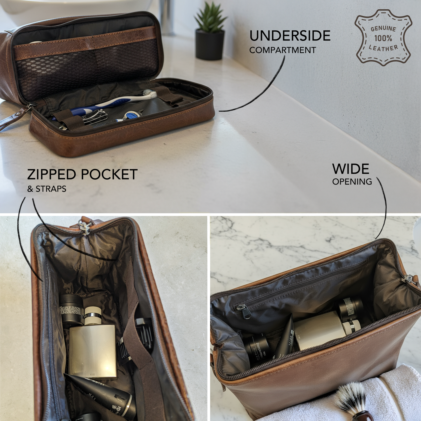 Brown Leather Personalised Washbag - with Wide Opening & Bottom Compartment