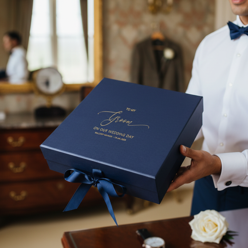 Man in formal attire holding a blue groom gift box with text in a hotel