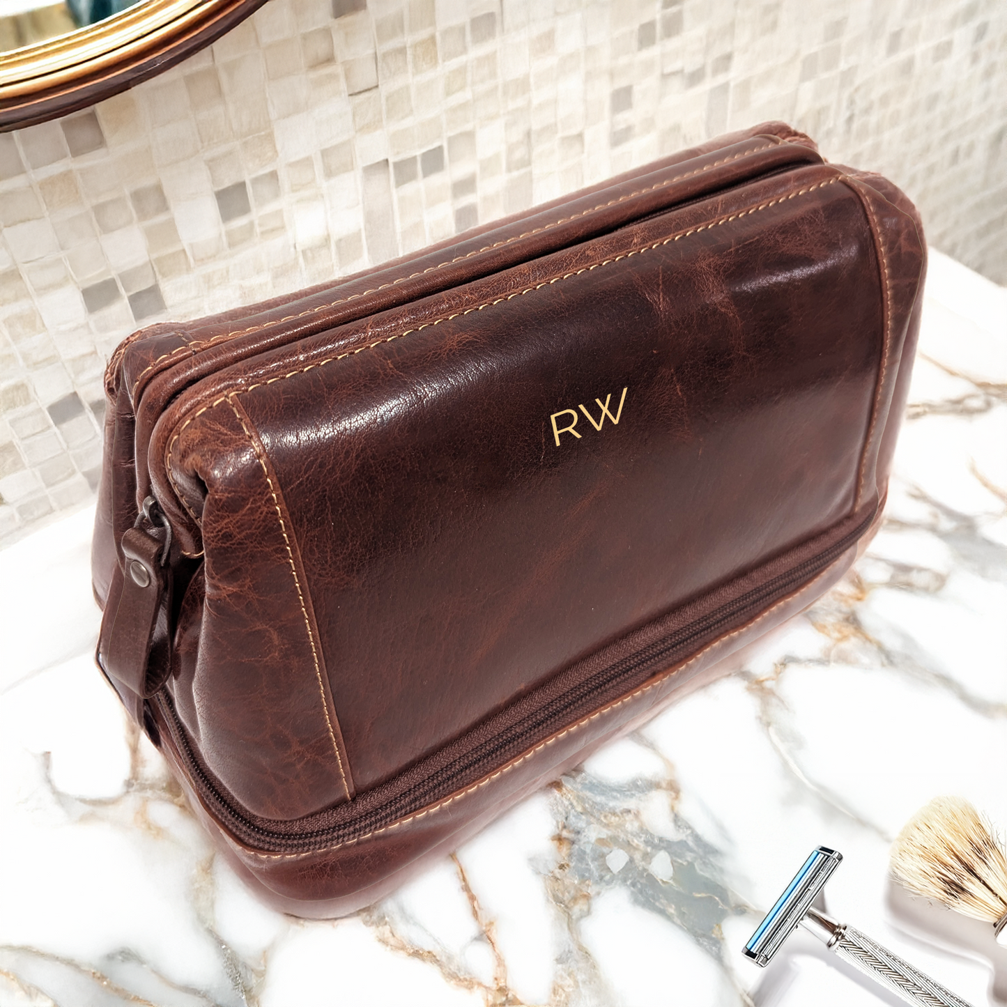 Brown Leather Personalised Washbag - with Wide Opening & Bottom Compartment