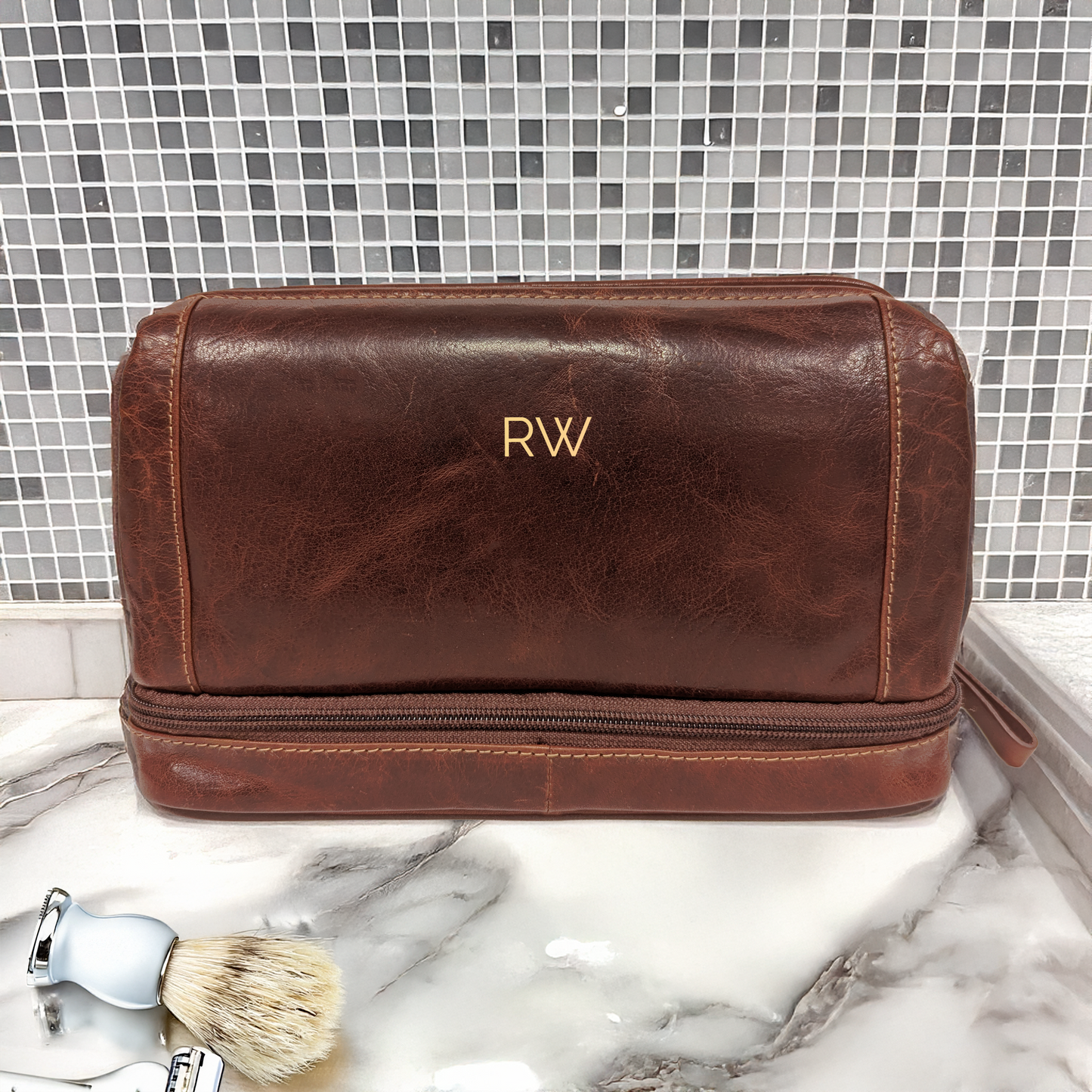 Brown Leather Personalised Washbag - with Wide Opening & Bottom Compartment