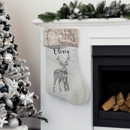 Personalised Reindeer Sequin Christmas Stocking - Grey & Ivory