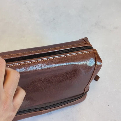 Brown Leather Personalised Washbag - with Wide Opening & Bottom Compartment