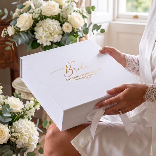 A woman in a white satin robe holds a white square gift box printed with gold foil - "to my bride on our wedding day"