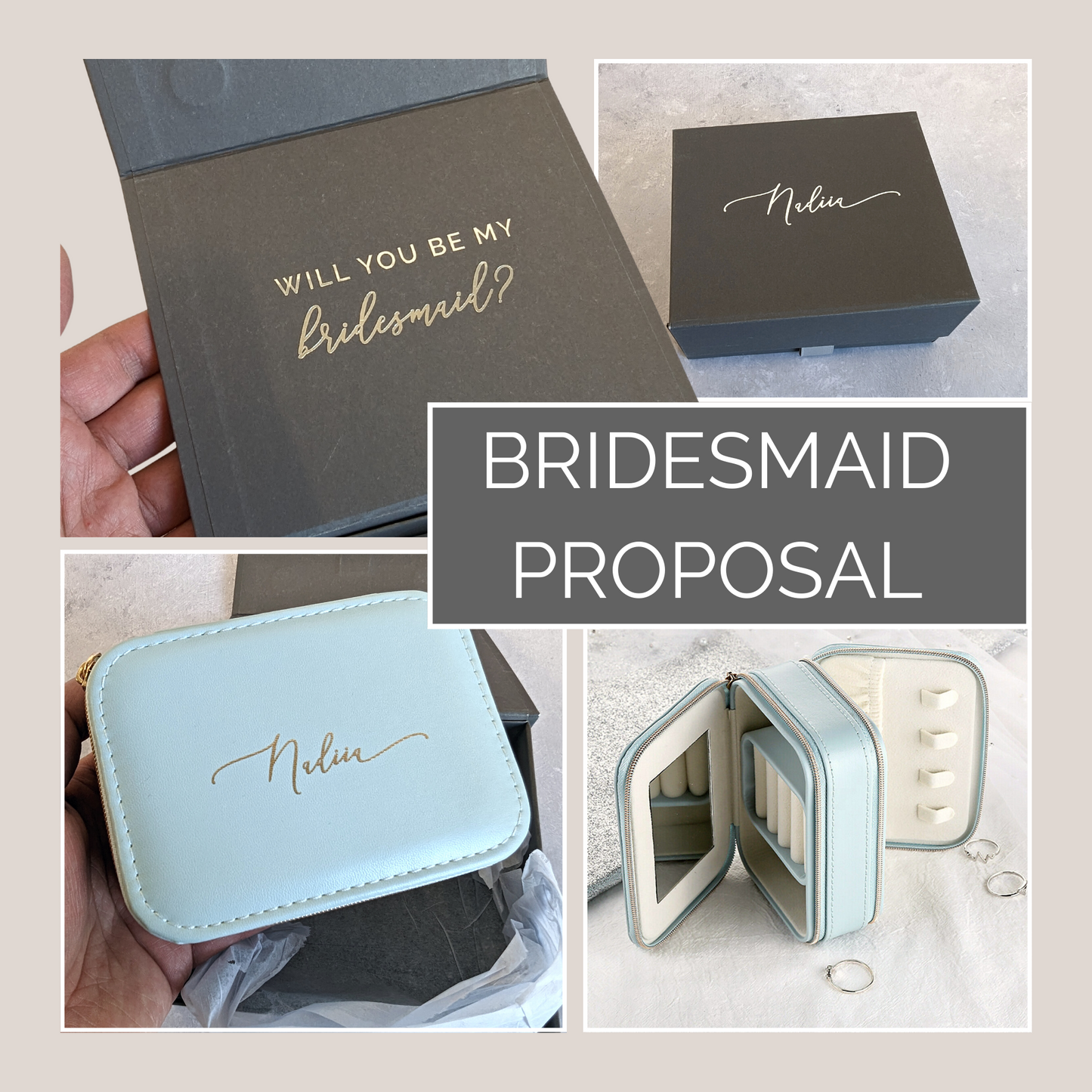 Bridesmaid Proposal with Pearl Blue Travel Jewellery Case - Personalised