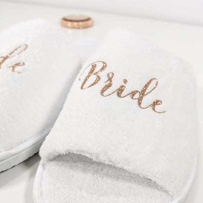 Personalised Bride and Bridesmaid Slippers - White & Glitter Rose Gold