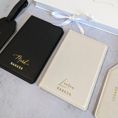 Personalised His & Hers Passport Holders & Luggage Tags - Black & Pearl White