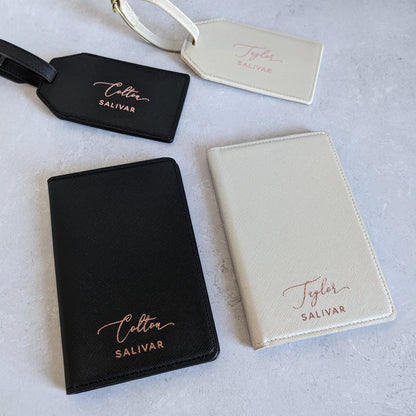 Personalised His & Hers Passport Holders & Luggage Tags - Black & Pearl White