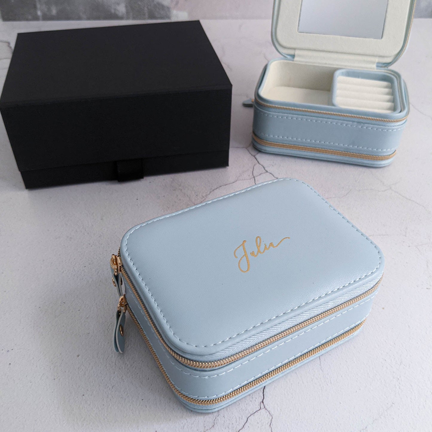 Bridesmaid Proposal with Pearl Blue Travel Jewellery Case - Personalised