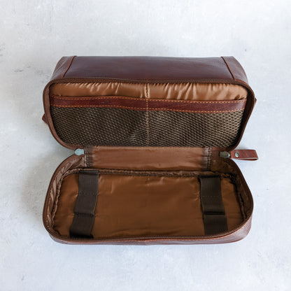 Brown Leather Personalised Washbag - with Wide Opening & Bottom Compartment