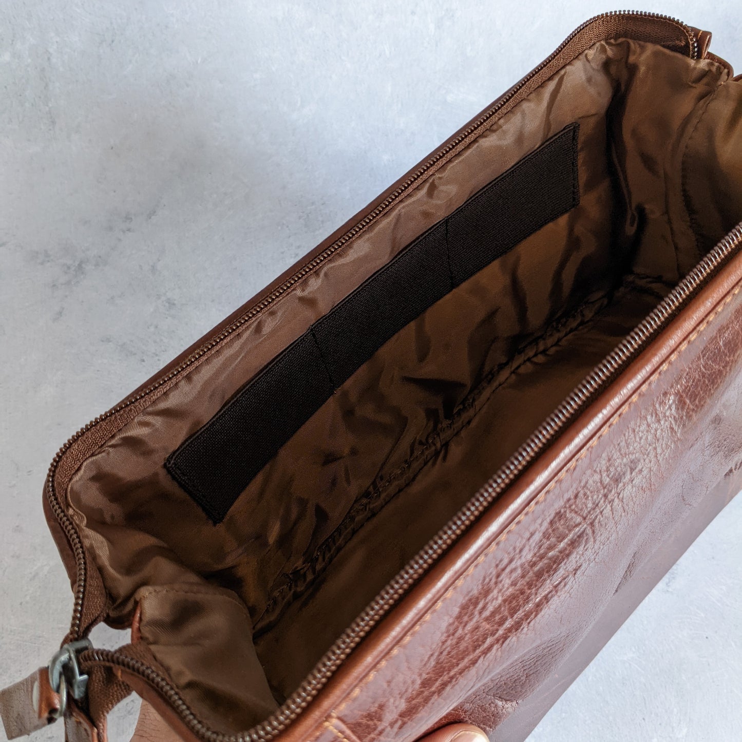 Brown Leather Personalised Washbag - with Wide Opening & Bottom Compartment