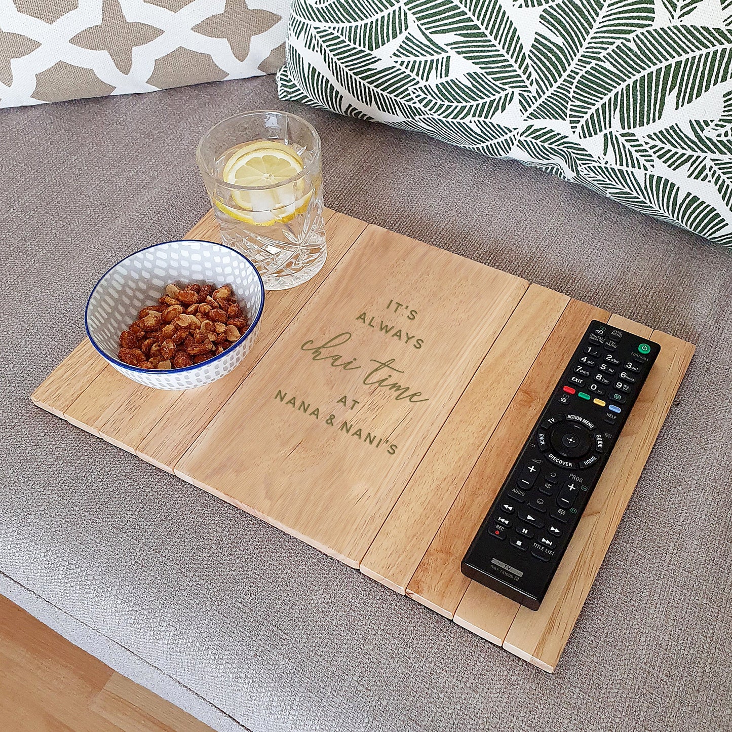 Personalised Wooden Sofa Tray - It's always chai time