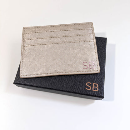 Personalised Credit Card Holder - Unisex - Tan Brown, Champagne Silver, Classic Blue and Black