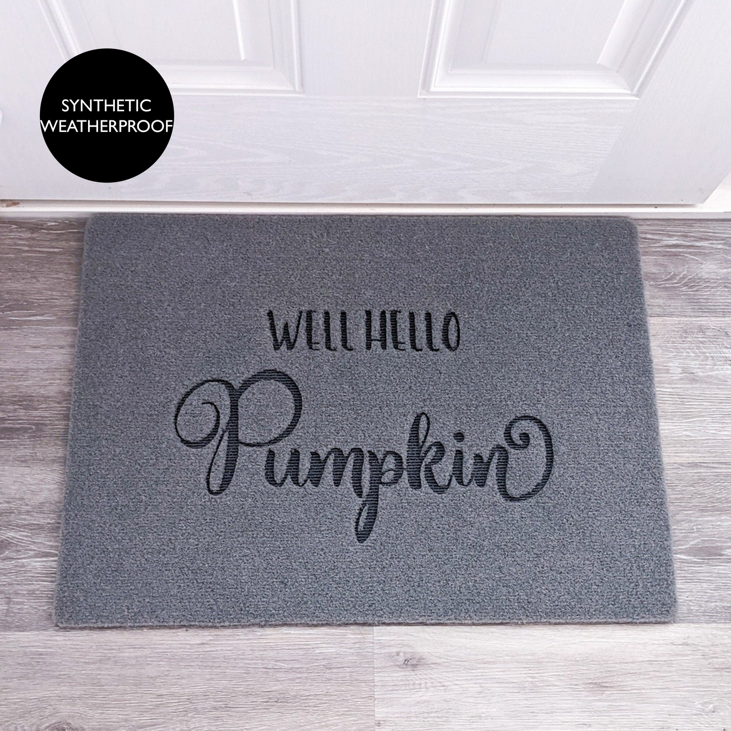 Hello Pumpkin Doormat - Grey Synthetic Weatherproof Coir for Outdoor or Indoor Use